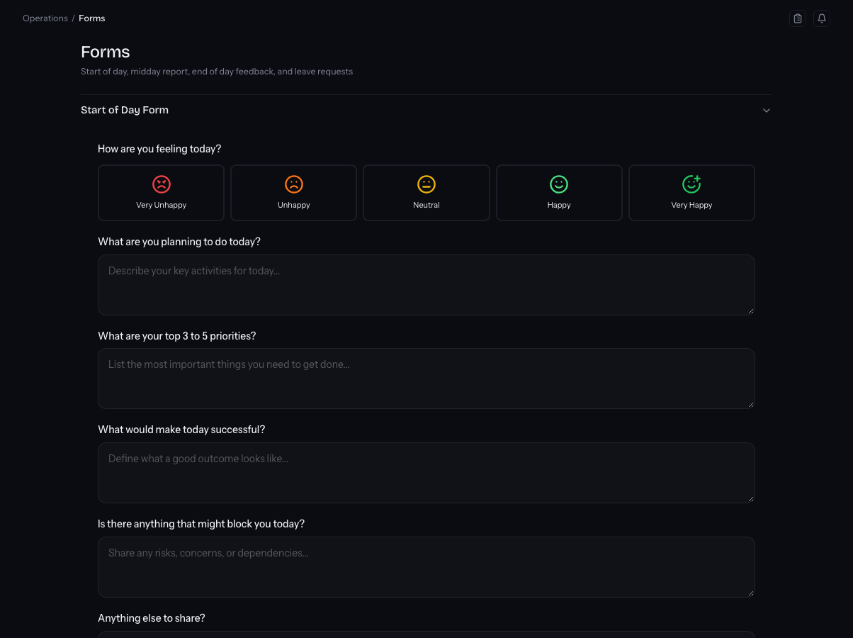 Vexon OS operations forms page in dark mode: a start-of-day form with a mood selector and daily priority fields