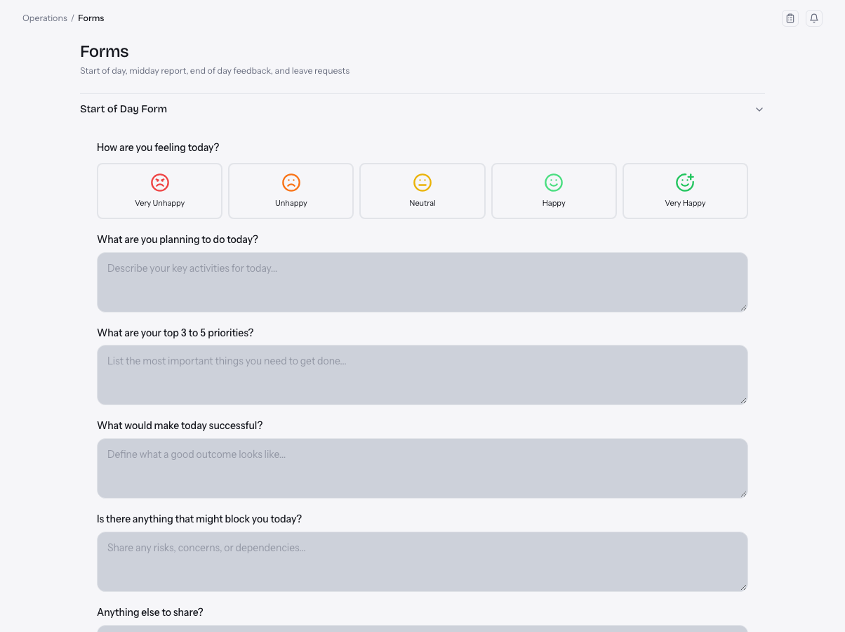 Vexon OS operations forms page in light mode: a start-of-day form with a mood selector and daily priority fields